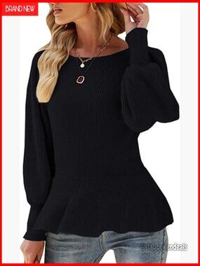 Puff Sleeve Peplum Slim Fit Knit Pullover Sweater Jumper Top